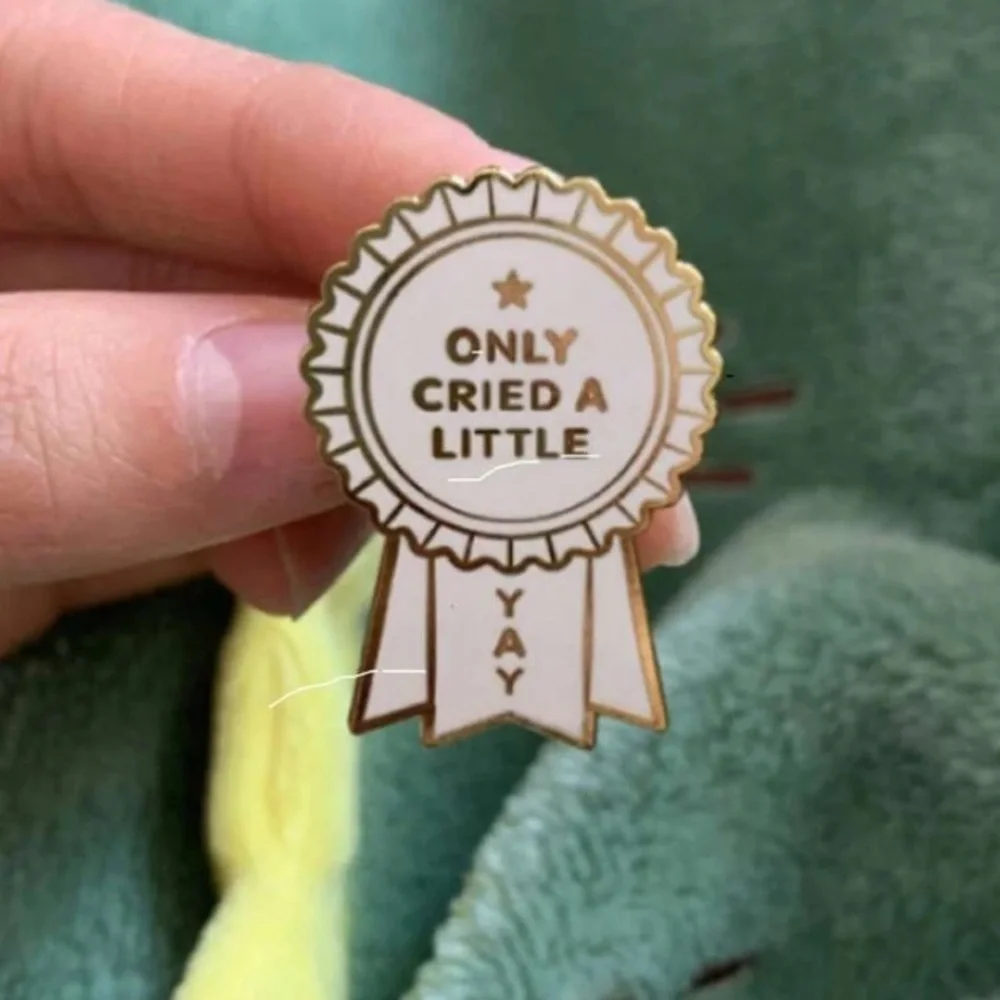 Pink gold ribbon only cried once yay enamel brooch pin denim bag hat clothes